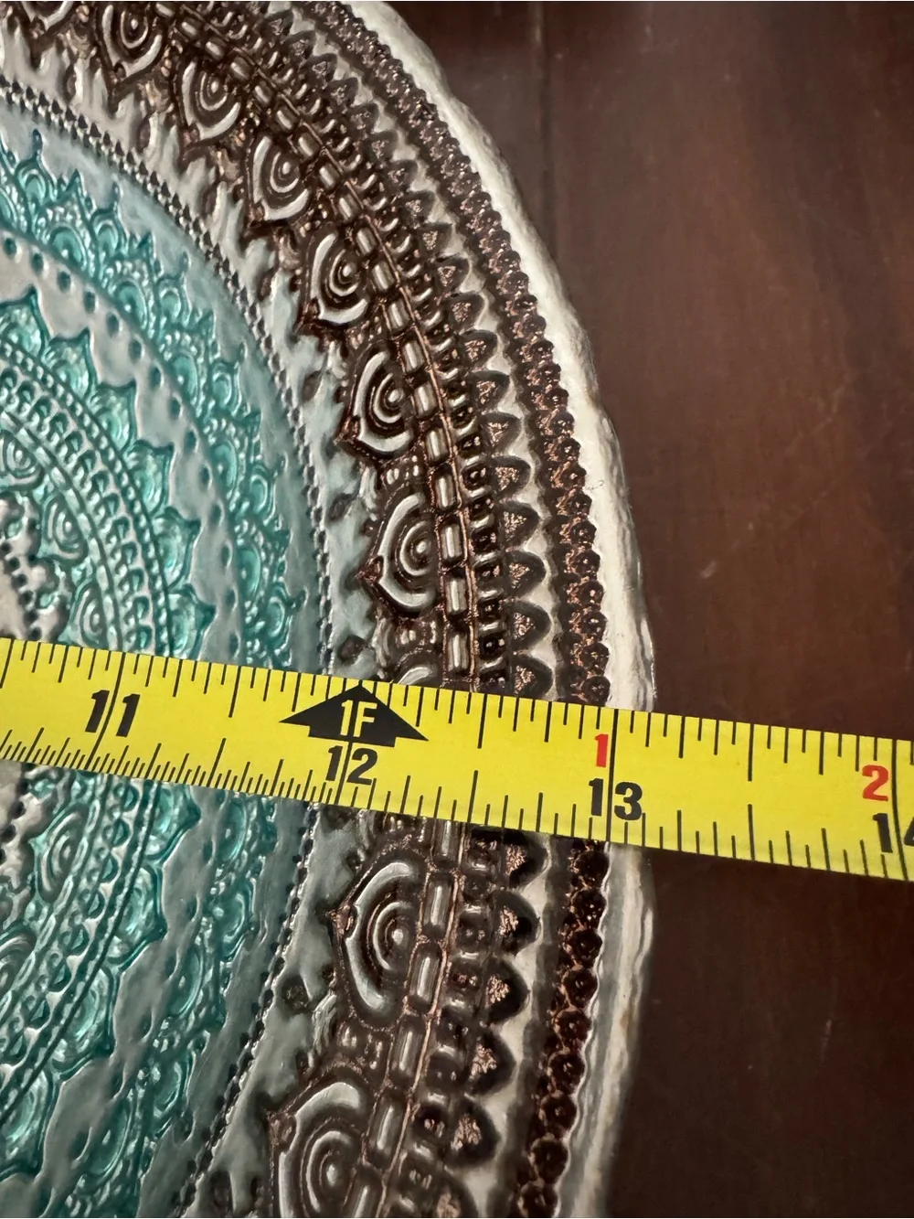 Intricate Teal and Brown Mandala Decorative Glass Bowl - Callout